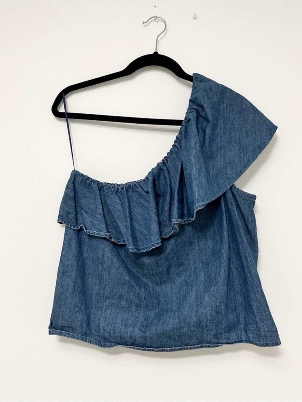 GAP Denim Top in Blue with Elastic Ruffle